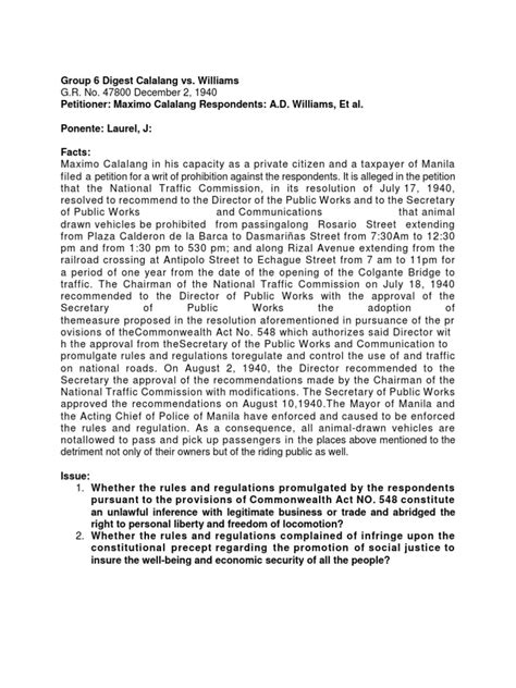 calalang vs williams|G.R. No. 47800. December 02, 1940 (Case Brief / Digest).